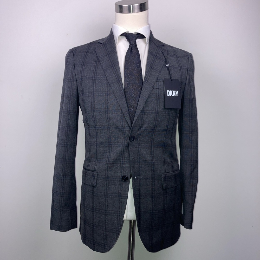 DKNY Men's Gray Plaid Nested Modern-Fit Sport Coat Suit Jacket Size 36R No Pants